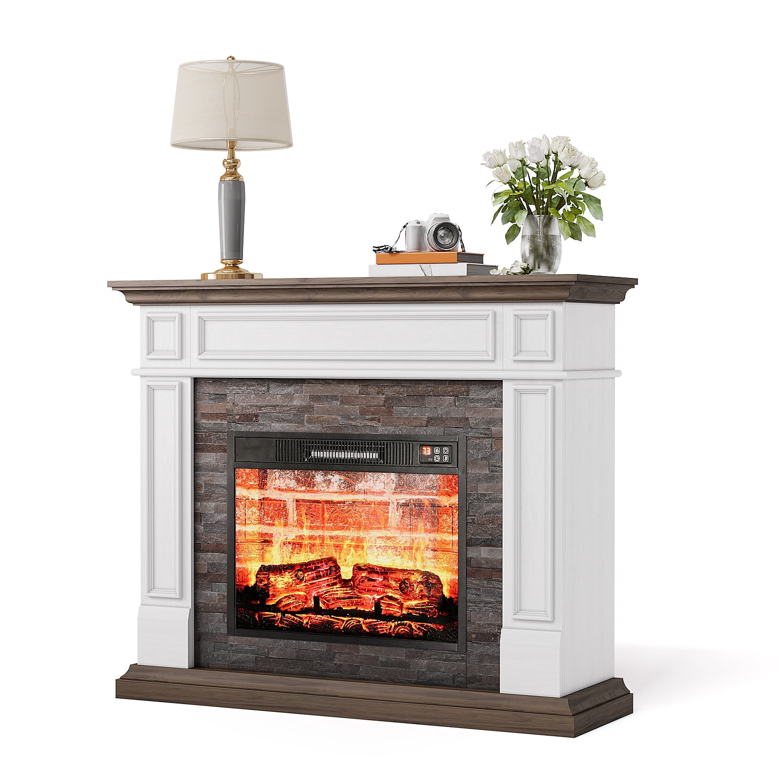 LGHM 44" Electric Fireplace Mantel Package Wooden Stacked Stone Surround Free Standing Electric Fireplace Heater with Adjustable Led Flame, Remote Control, Brown
