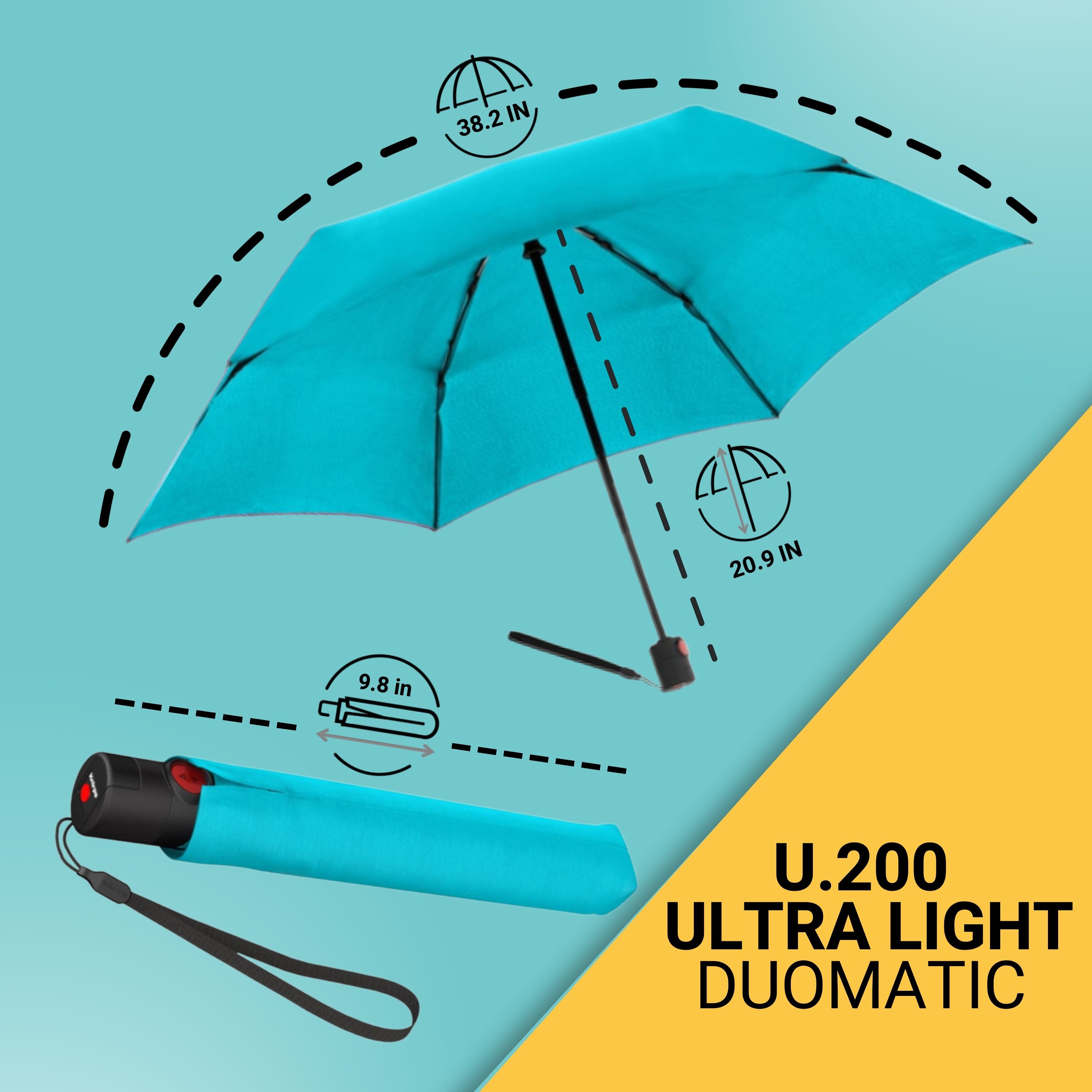 Knirps U.200 Ultra Light Automatic Rain Umbrella in Aqua – One-Touch Auto Open/Close, Wind-Tunnel Tested, 37in Canopy, Aluminum Fiberglass Frame, Pocket-Size Travel Umbrellas, Cover Included