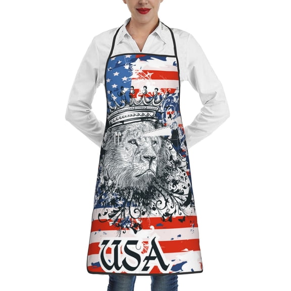 Lion USA Flag Apron with Pocket Cooking Waterproof Bib Aprons for Kitchen Baking Chef Gardening BBQ