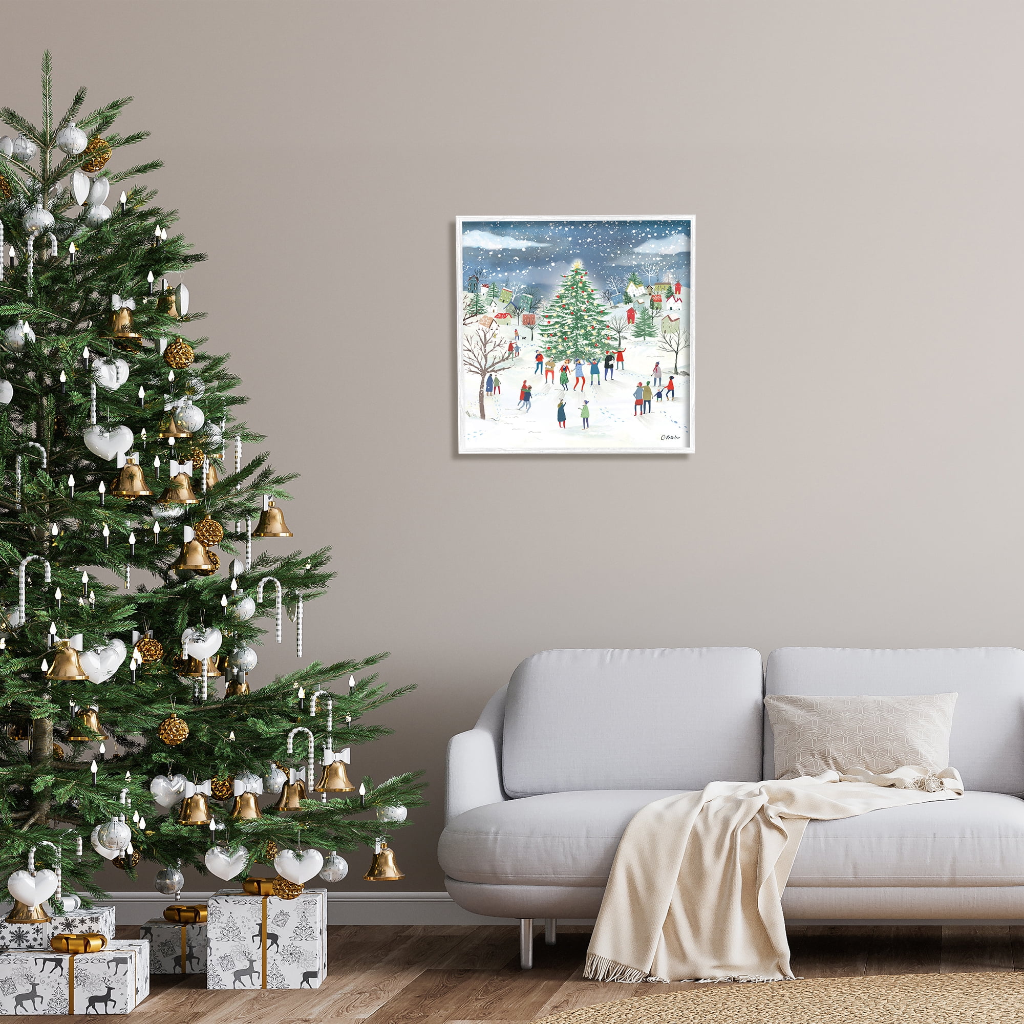 Stupell Industries Town Christmas Tree Celebration Holiday Painting White Framed Art Print Wall Art