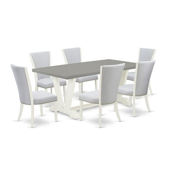 East West Furniture 7-Pc Dining Room Table Set Includes 6 Modern Chairs with Upholstered Seat and Stylish Back-Rectangular Wooden Dining Table - Cement and Wirebrushed Linen White Finish