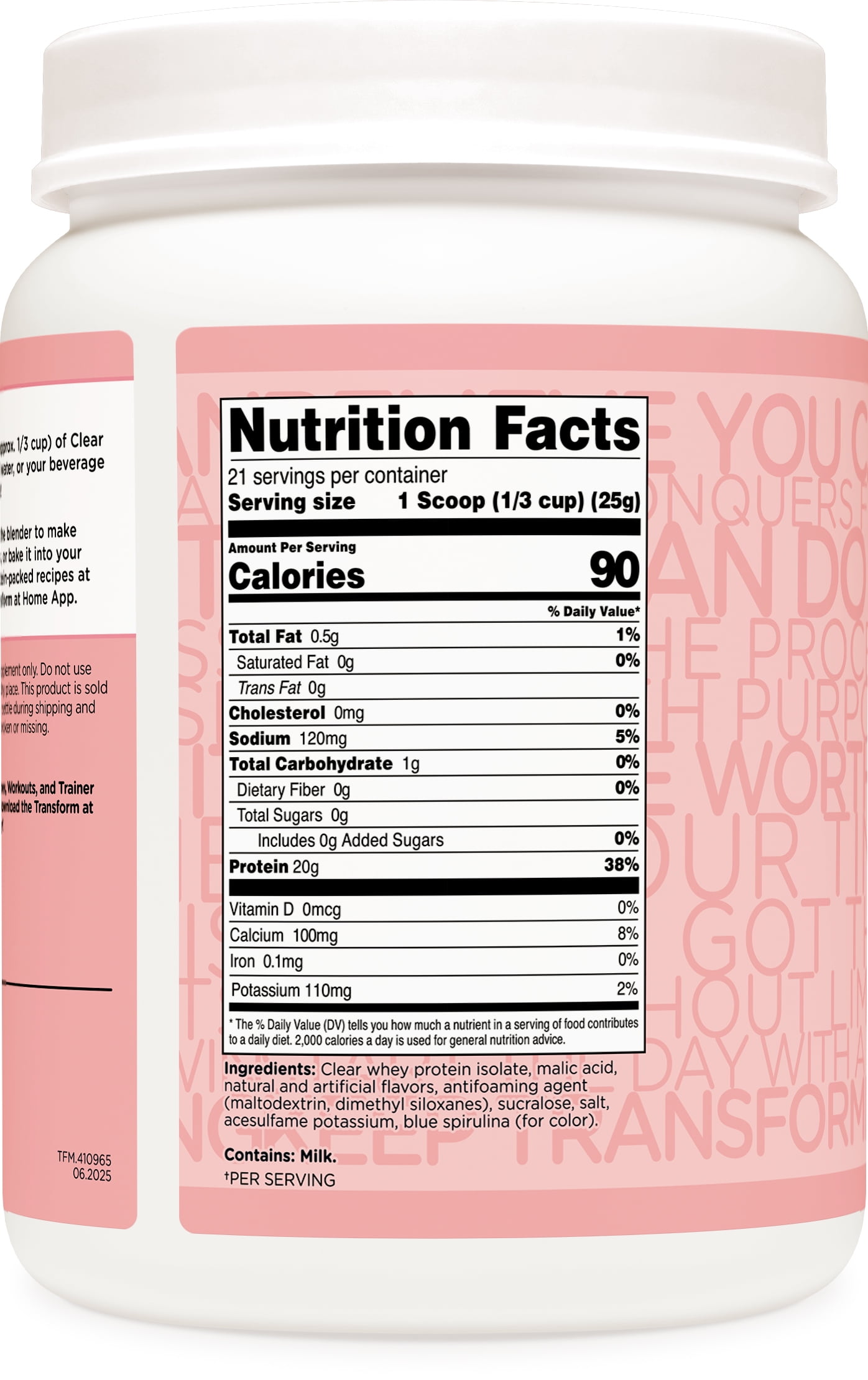 TransformHQ Clear Protein Powder (Cotton Candy) 21 Servings - Whey Protein Isolate, 20g of Protein, 90 Calories, 0g Added Sugars