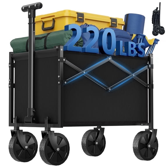 SHOUFTW Folding Wagon Cart, 220 lb Capacity Collapsible Utility Wagon with All-Terrain Wheels & Adjustable Handle, Black