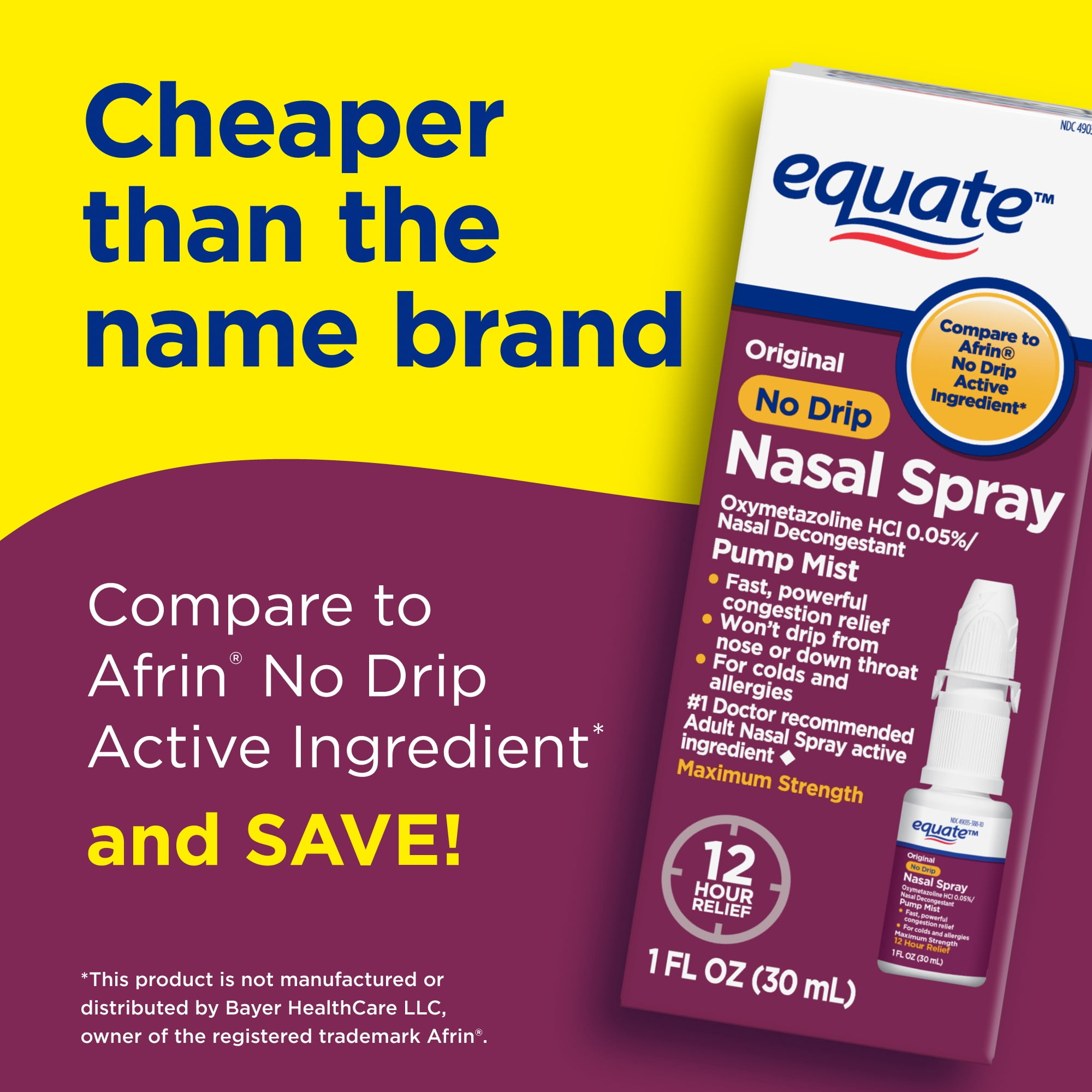 Equate Original No Drip Nasal Spray Oxymetazoline HCl 0.05% Nasal Decongestant, Maximum Strength, 12 Hour, 1 fl oz, Compare to Afrin® No Drip Active Ingredient