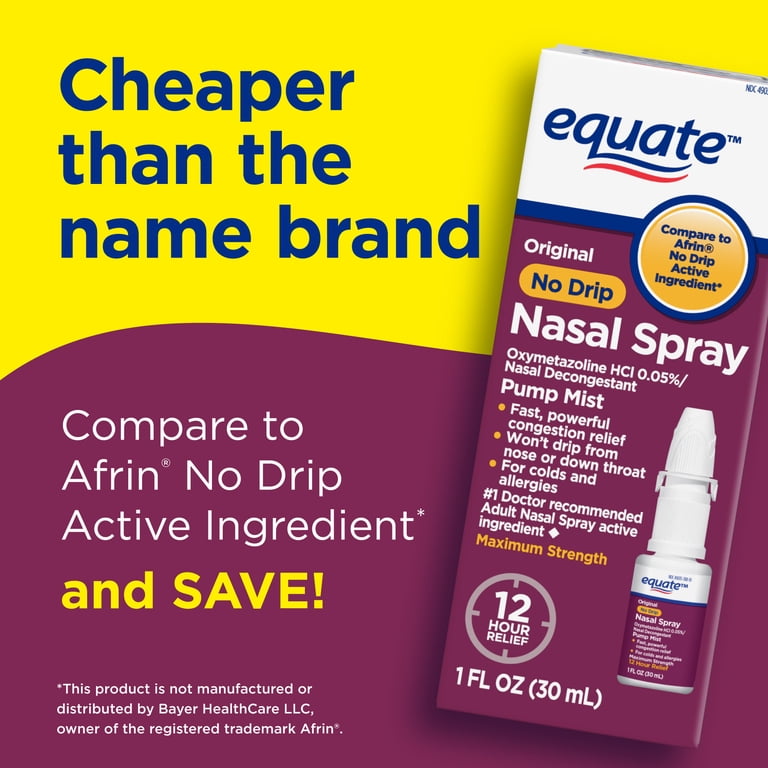 Equate Original No Drip Nasal Spray Oxymetazoline HCl 0.05% Nasal  Decongestant, Maximum Strength, 12 Hour, 1 fl oz, Compare to Afrin® No Drip  Active Ingredient HSA/FSA Eligible