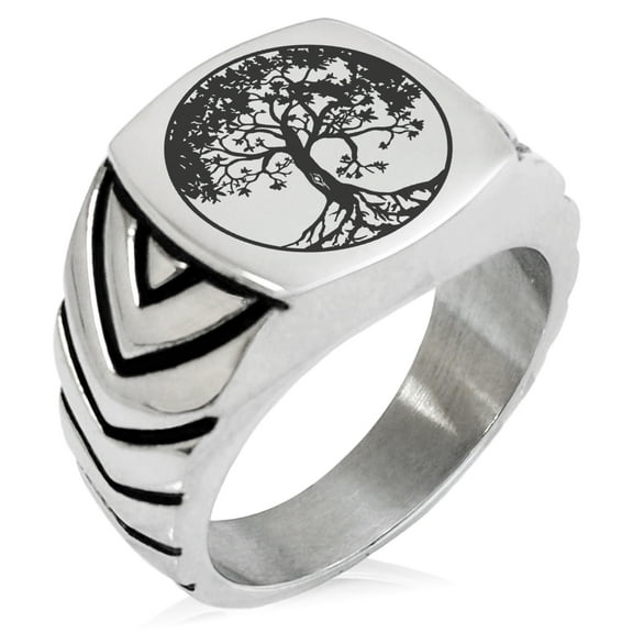 Stainless Steel Tree of Life Chevron Pattern Biker Style Polished Ring