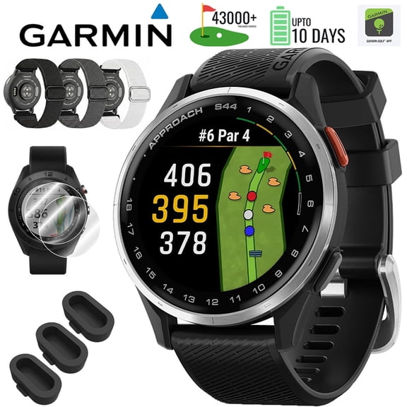 Garmin Approach S44 GPS Golf Smartwatch, Silver Aluminum Bezel w/ Black Silicone Band 010-03009-00 Bundle with Deco Essentials 3x Nylon Elastic Bands, 3x Silicone Dust Cover and 2x Screen Protector