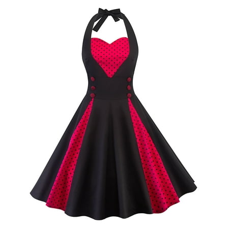 Women Retro Style Backless Stitching Polka Dots Heart-Shaped Halter Sleeveless Vintage Swing Dress Patry Evening Prom Ball