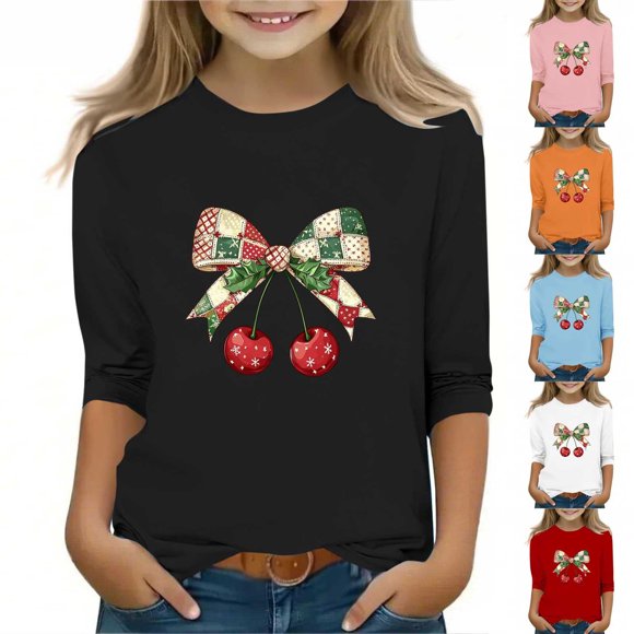MKOSPLRT Girls Boys Christmas Shirts 3/4 Sleeve Crewneck Xmas Graphic Tees Cute Holiday T Shirts Christmas Gifts for Kid 3-12Y