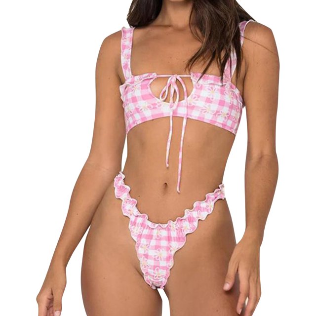 Cathalem Bikinis for Women High Waist Mid Rise Cutout Drawstring Crisscross Back Tie Reversible Bottom,Pink M