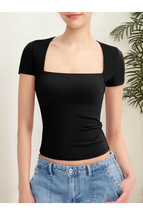 Women's Square Neck Short Sleeve T Shirts Double Lined Basic Tee Slim Fit Tops