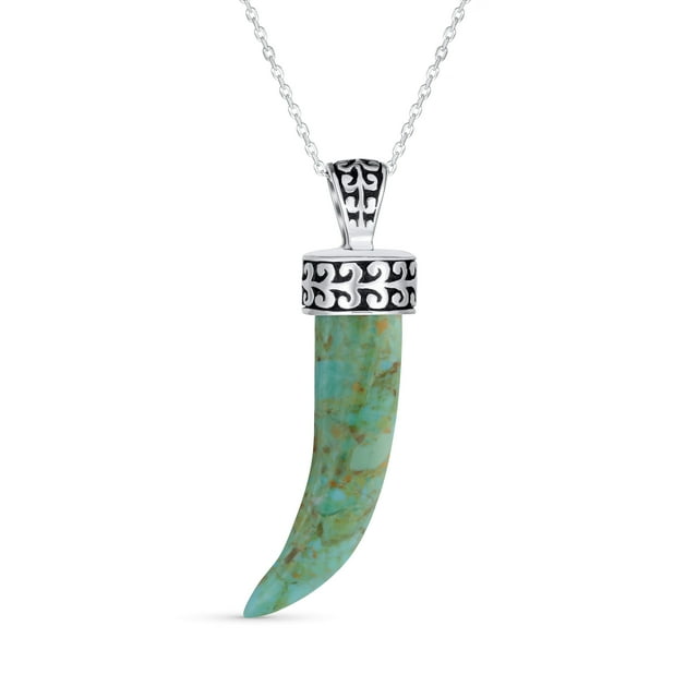 Amulette de Protection Dent Bleu Turquoise Pierre Précieuse Cornicello Corne Italienne L Pendentif Piment Collier Bijou Occidental pour Femmes pour Hommes Argent Sterling Oxydé.925