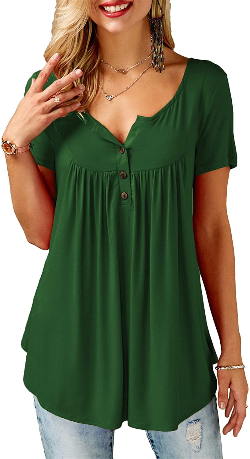 Women's Short Sleeve Henley Shirts Ruffle Casual Tunic Tops Solid Color ...