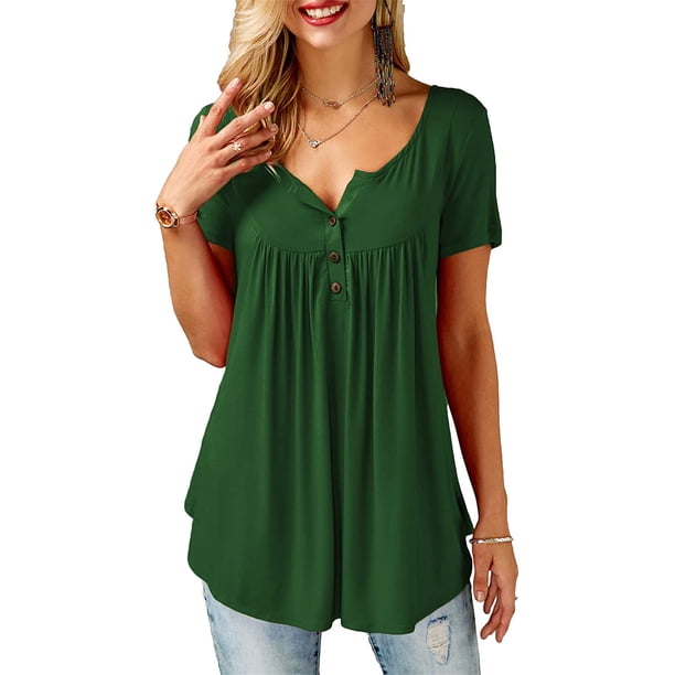 Camisetas Henley de manga corta para mujer con volantes, túnica informal, color sólido Xemadio CJWUS-4458