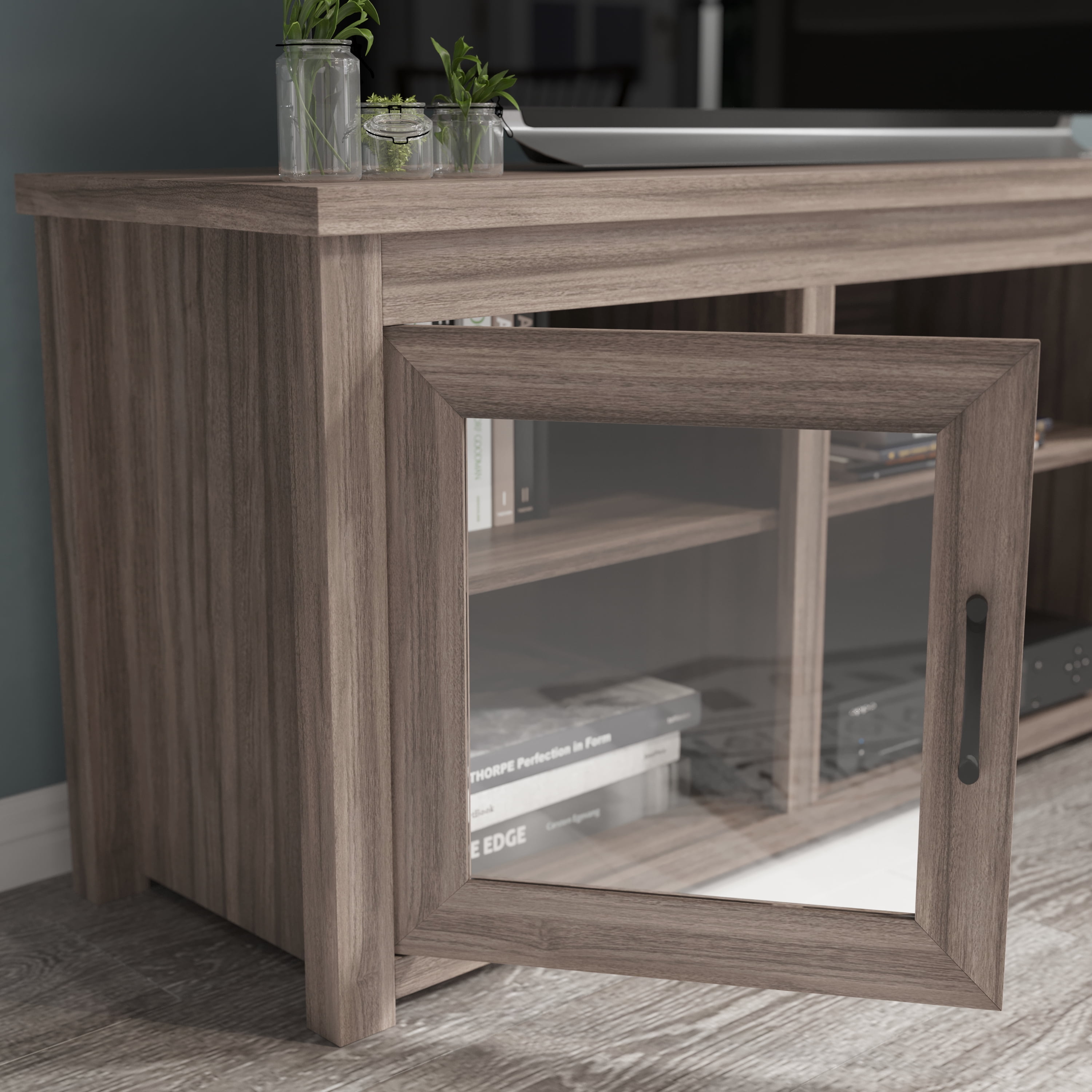 BizChair Classic TV Stand up to 80" TVs - Gray Wash Oak Finish with Full Glass Doors - 65" Engineered Wood Frame - 3 Shelves