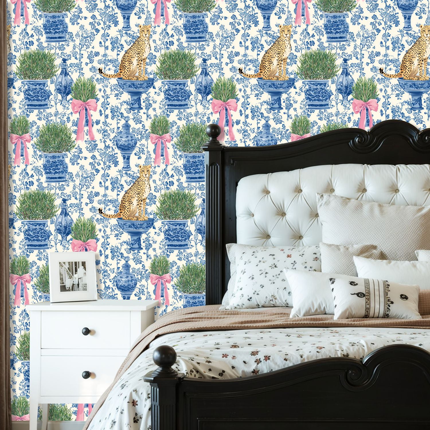 Cheetah Peel and Stick Wallpaper 23.6in x 9.8ft Blue White Floral Cheetah Ribbon Tied Planters Contact Paper Vinyl Waterproof Self Adhesive Wall Paper for Bedroom Shelf Cabinet Renter Friendly