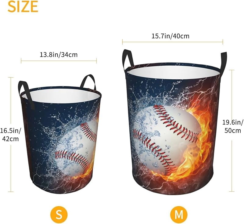 Sport Baseball Ball In Fire And Water Round Laundry Hamper Storage Basket Toys Clothes Organizer Bin For Home Bathroom Bedroom Dorm Nursery
