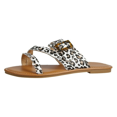 

Sandals Women Dressy Summer Ladies Comfortable Flat Fashion Soft Beach Leopard Print Flat Shoes For Women White Size 7