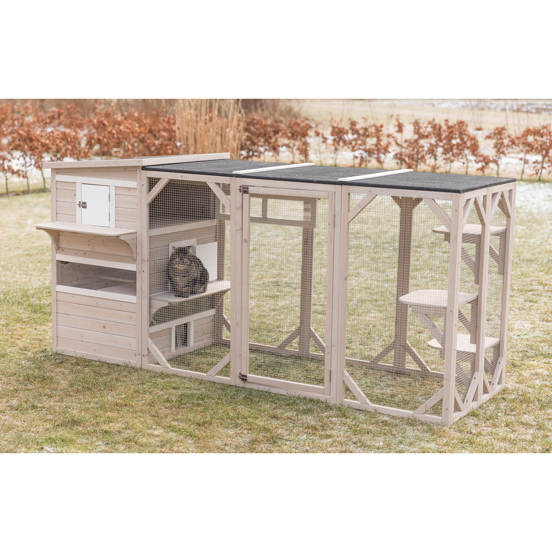 TRIXIE natura Weatherproof Wooden Cattery with 3 Perches, 44L x 70.9W x 31.5H, Gray
