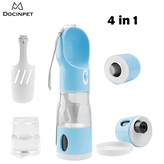 Dog Water Bottle, Crisque Pet Cat Puppy Dog Travel Water Bottle Dispenser with Food Container, Portable Dog Water Bottle for Walking Hiking Outdoor Dog Accessories (4 in 1)