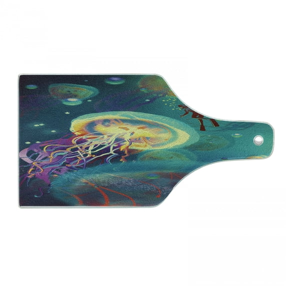 Fantasy Cutting Board, Giant Jellyfish and Diver in the Sea Underwater Submarine Aquatic Art Print, Decorative Tempered Glass Cutting and Serving Board, Wine Bottle Shape, Teal Purple, by Ambesonne