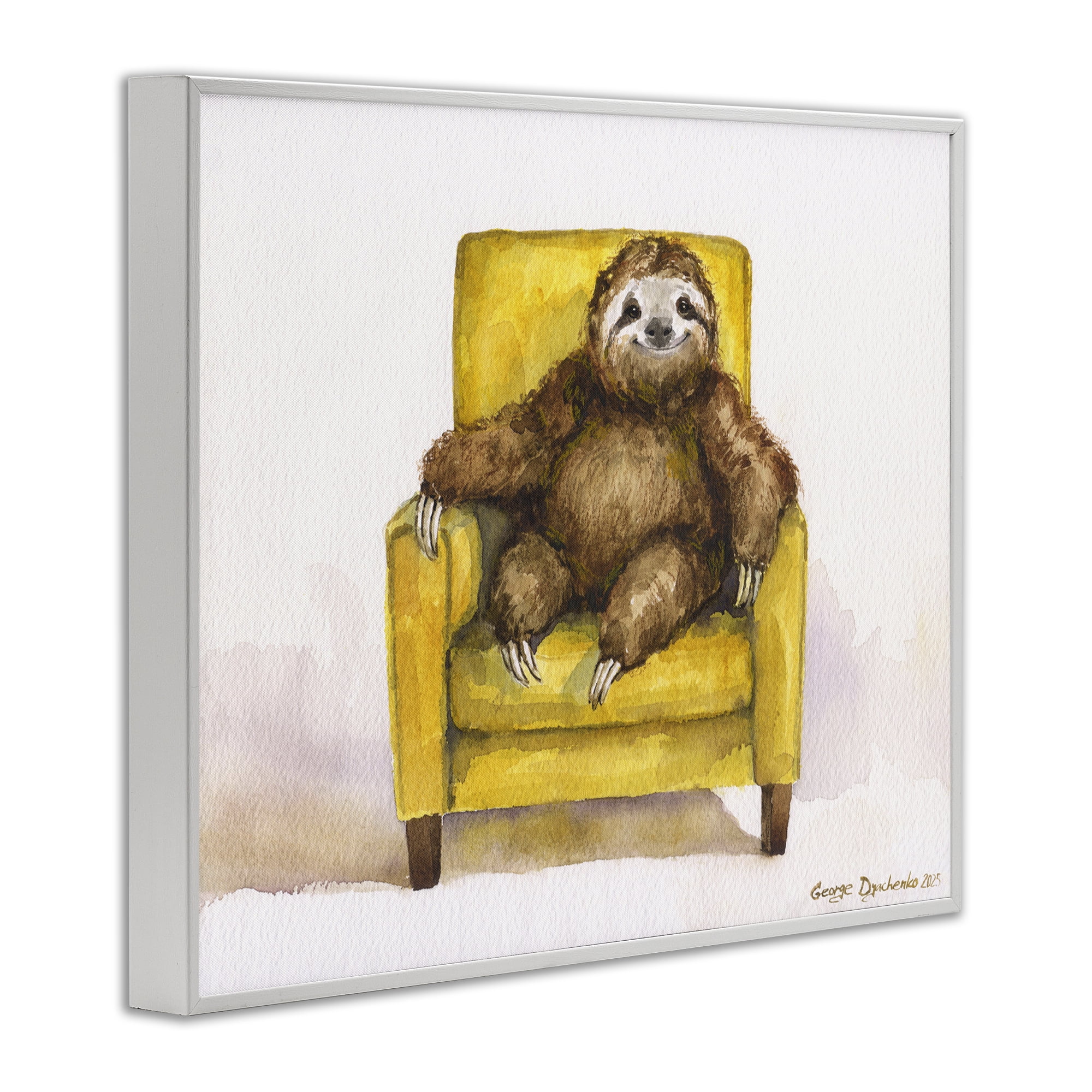 Stupell Industries Happy Sloth Relaxing on Armchair White Framed Giclee Art, design by George Dyachenko