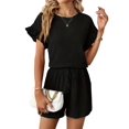 thumbnail image 3 of Women'S 2 Piece Outfits Round Neck Ruffle Short Sleeve Top and Drawstring Shorts Set Black S, 3 of 8