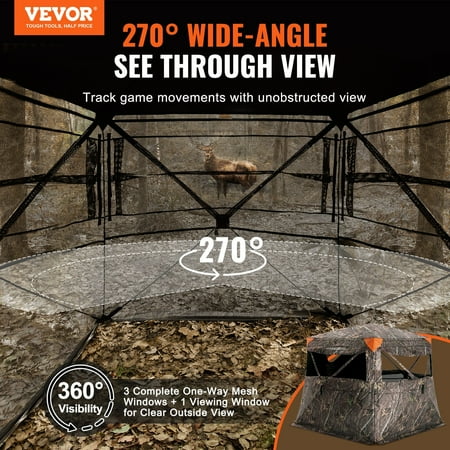 VEVOR Hunting Blind 270° See Through Ground Blind 4-5 Person Pop Up Deer Blind for Hunting with Carrying Bag Portable Resilient Hunting Tent One-Way See-Through Mesh for Turkey and Deer Hunting
