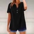 thumbnail image 4 of Summer Blouses Fashion Sawvnm Women's Summer Linen Shirt Short Sleeved V-neck Shirt Solid Color Tops Blouse Gifts for Women Black L, 4 of 4