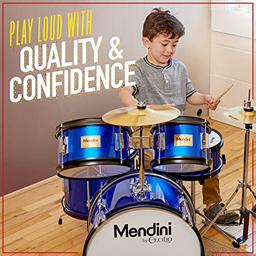 Mendini par Cecilio Ensemble de Batterie pour Enfants - Kit de Batteries de Démarrage avec Basses, Tomes, Caisse Claire, Cymbale, Chapeau Haut, Baguettes et Siège - Instruments de Musique Ensembles Débutants