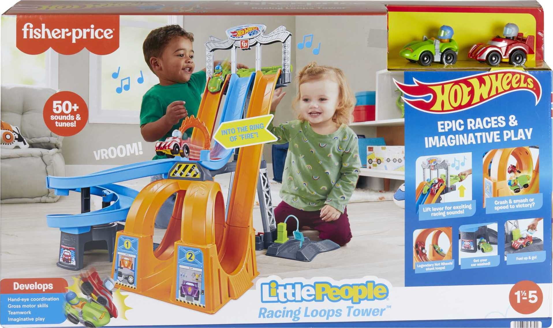 Little People Hot Wheels Track Playset Racing Loops Tower with 2 Toy Cars For Toddlers Ages 18 months and up