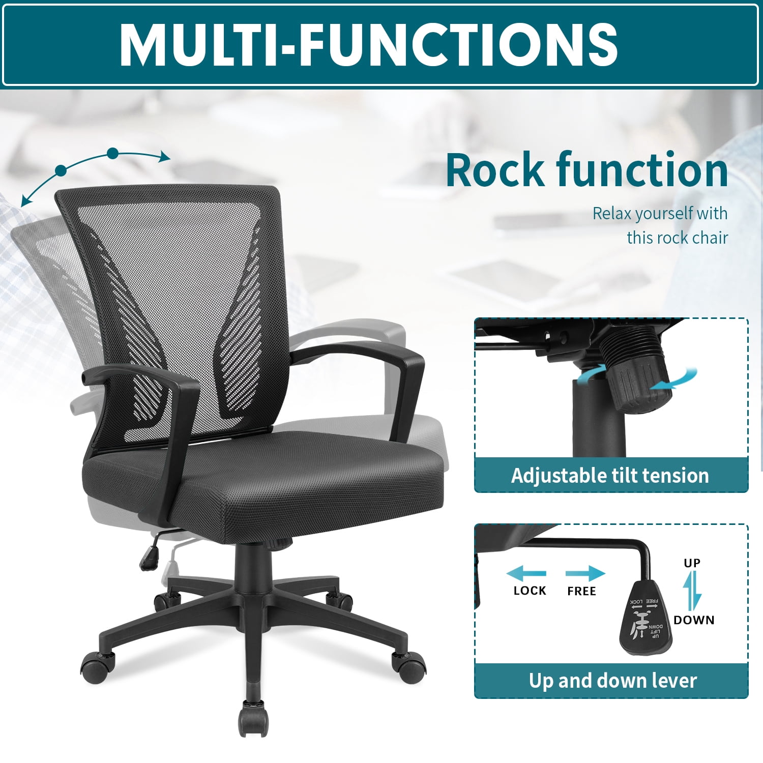 LACOO Office Black Mid Back Swivel Lumbar Support Desk, Computer Ergonomic  Mesh Chair with Armrest T-OCNC7510 - The Home Depot