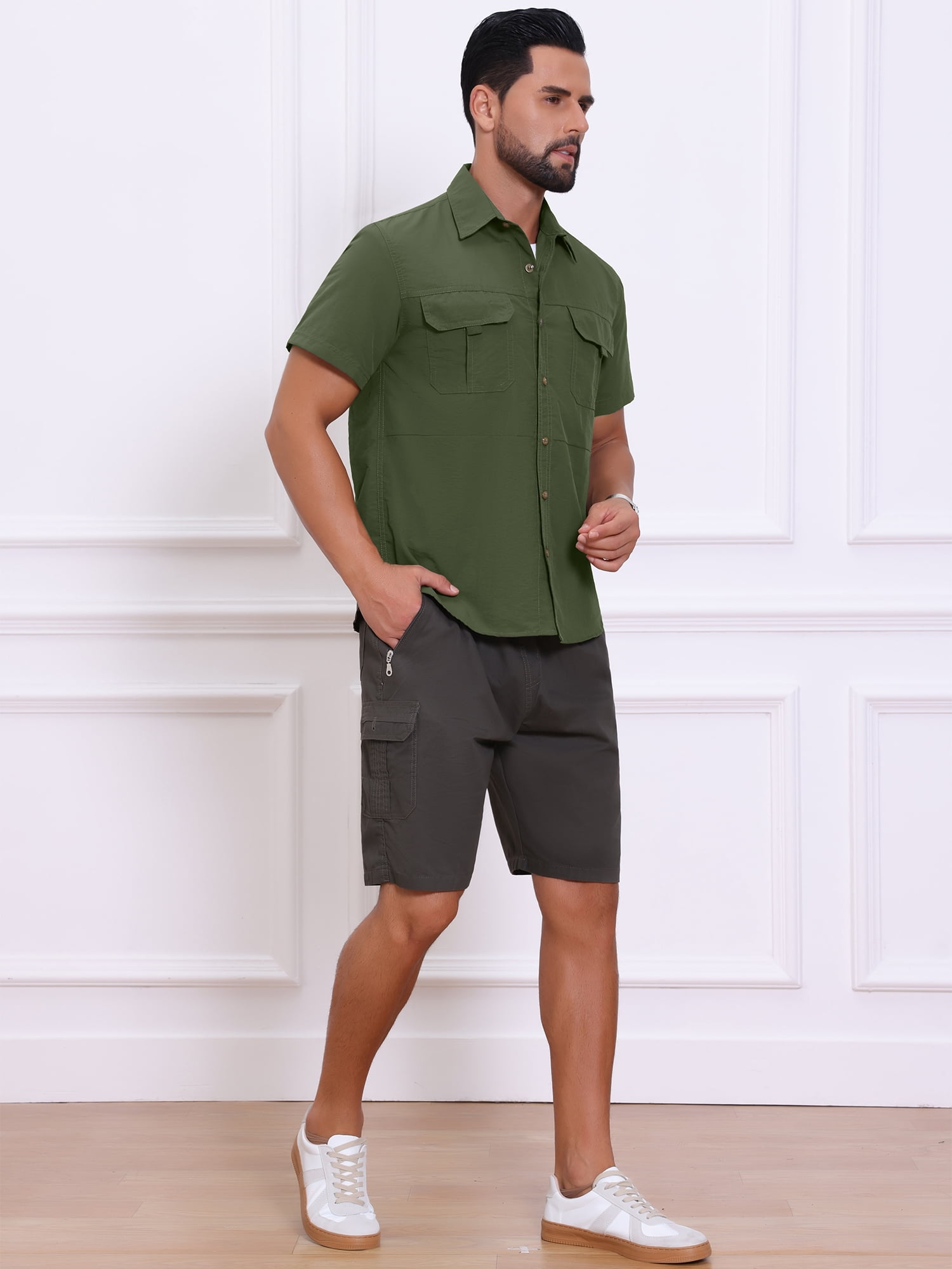 DARING DIVA Men's Solid Cargo Short Sleeve Button Down Utility Shirts L Olive Green
