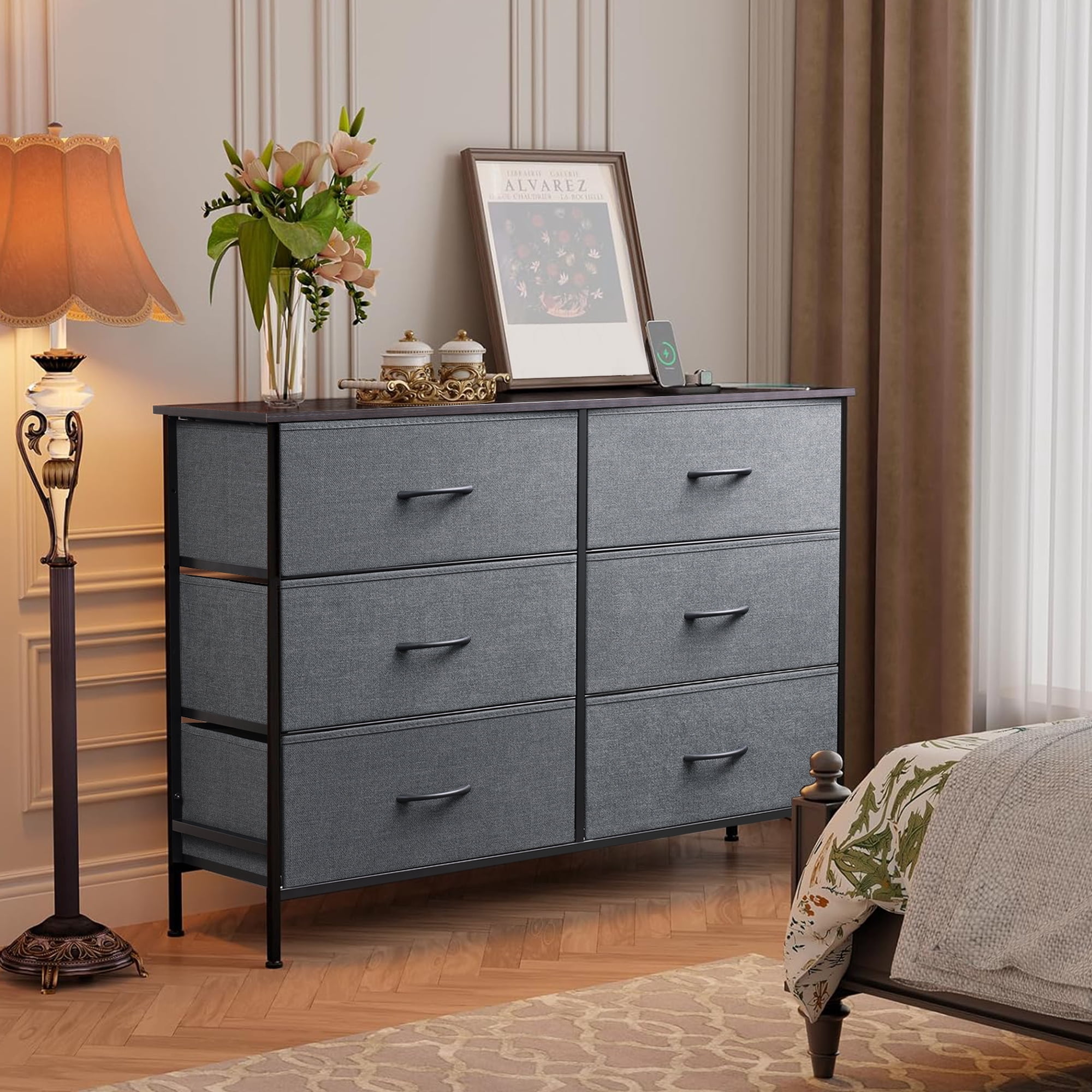 GALAXHERO 6-Drawer Fabric Dresser, 50-Inch TV Stand Wide Chest of Drawers for Bedroom, Closet, Living Room, Dark Gray