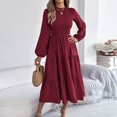 thumbnail image 7 of DeHolifer Women Dresses Solid Color Long Sleeve Crewneck Maxi Dress A-Line Swing Flowy Long Dress Wine S, 7 of 7