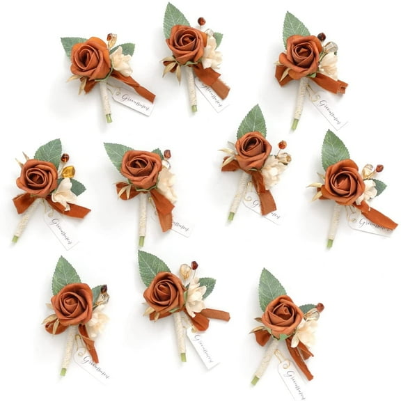 Set of 10 Terracotta Boutonniere for Men Wedding, Groomsmen Flower Boutonniere, Guest Artificial Flowers Boutonniere for Wedding Ceremony Formal Dinner Party, Burnt Orange