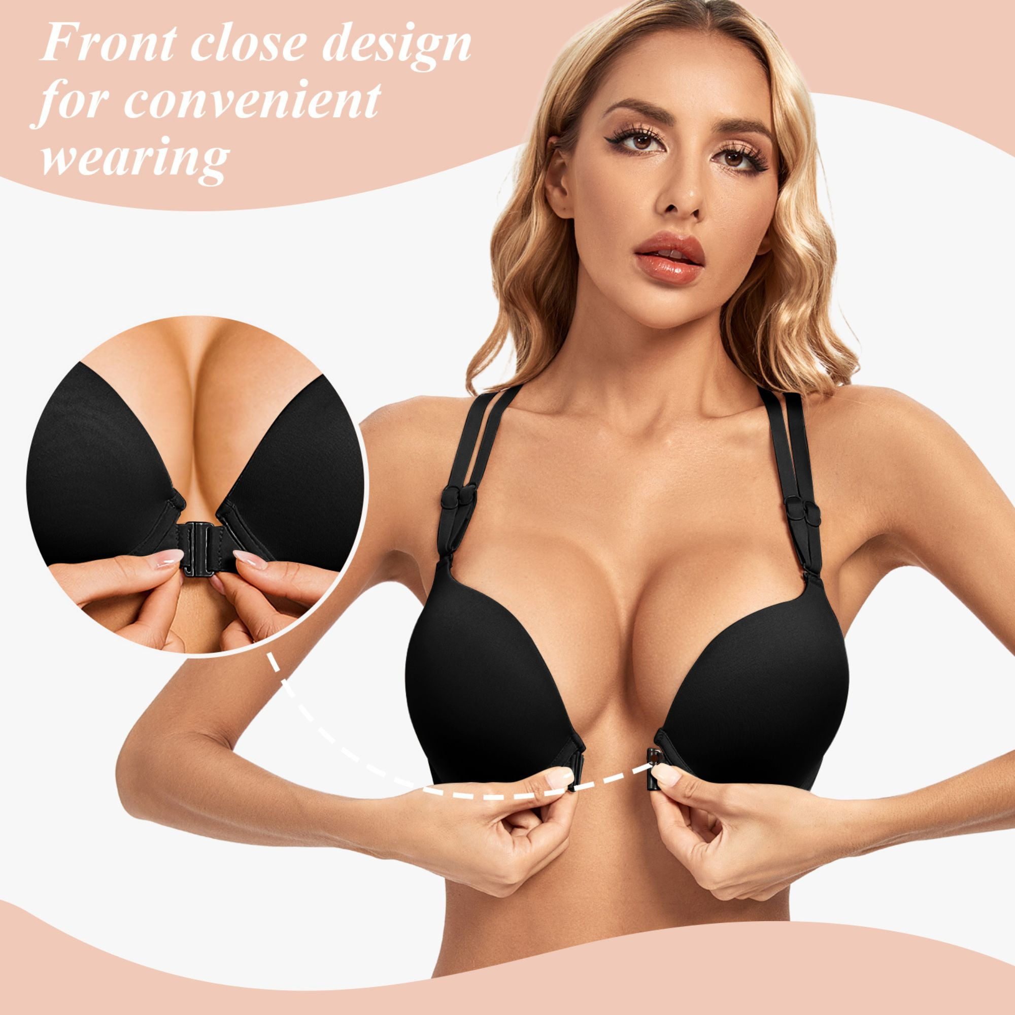 YANDW Women's Push Up Bra Racerback Front Closure Criss-Cross Padded T-Shirt Bras Underwire Add Cup, Black 38C