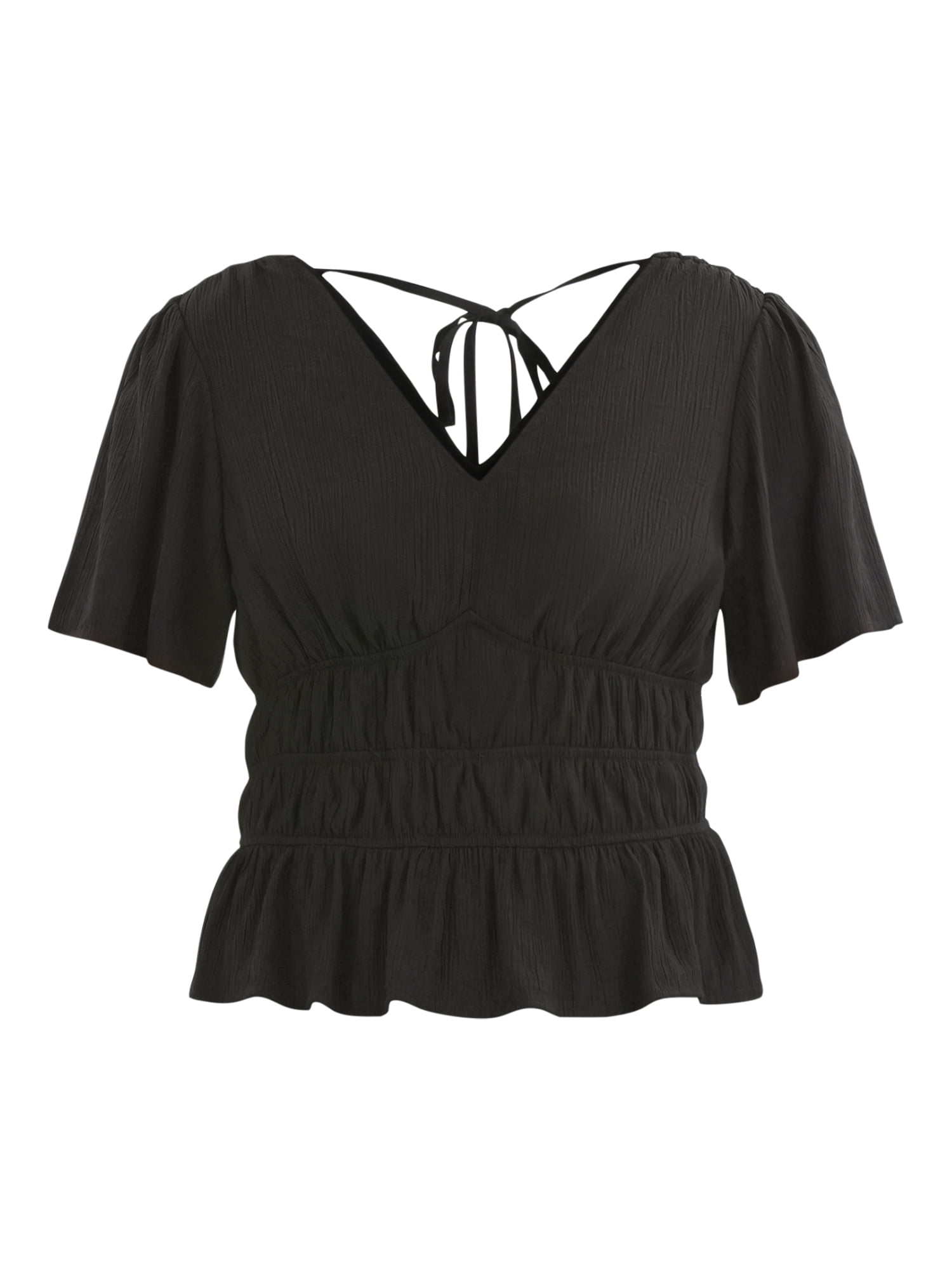 Time and Tru Women's Cinched Waist Peplum Blouse with Flutter Sleeves, Sizes XS-XXXL