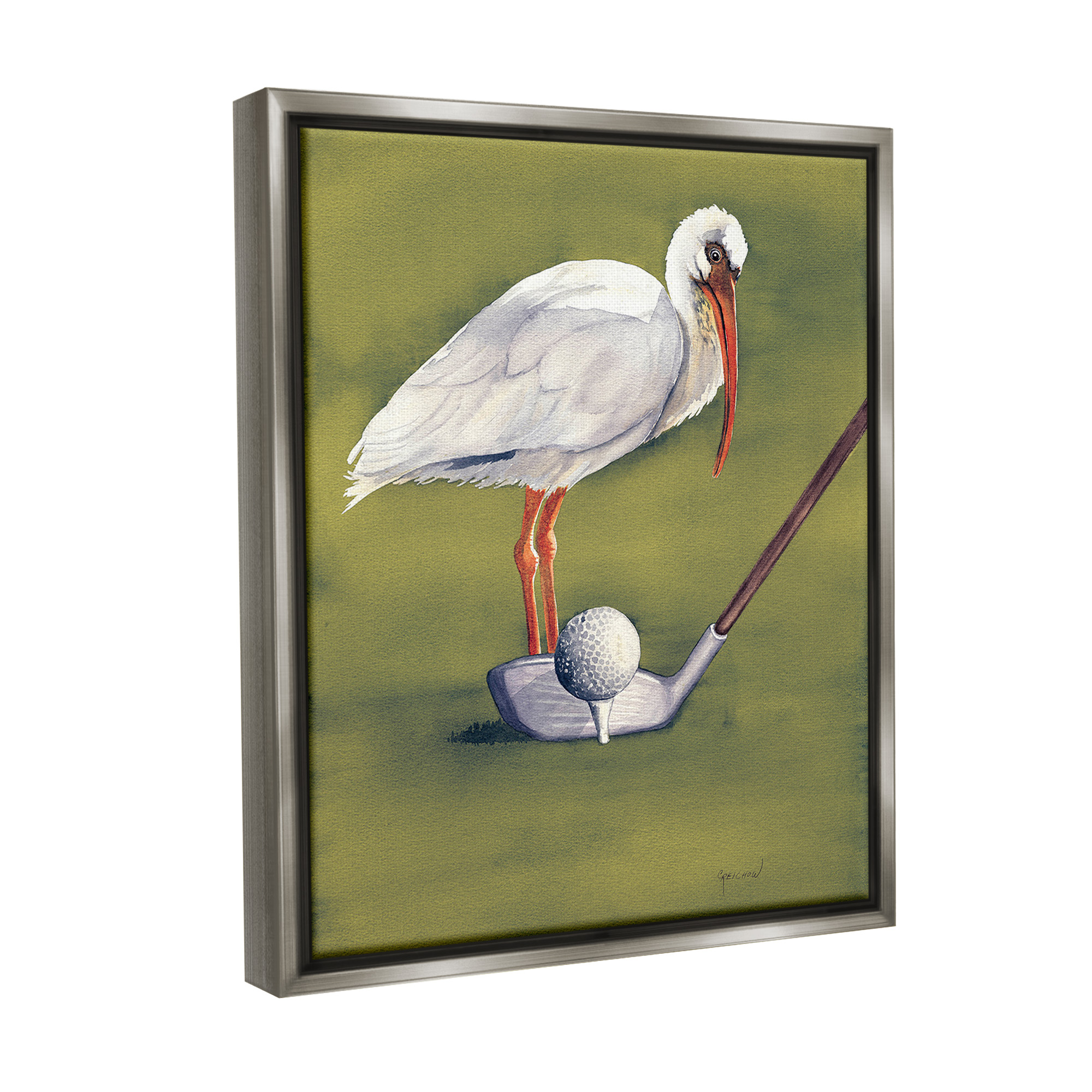 Stupell Industries Bird with Golf Club Animals & Insects Painting Gray Floater Framed Canvas Art Print Wall Art, 25 x 31