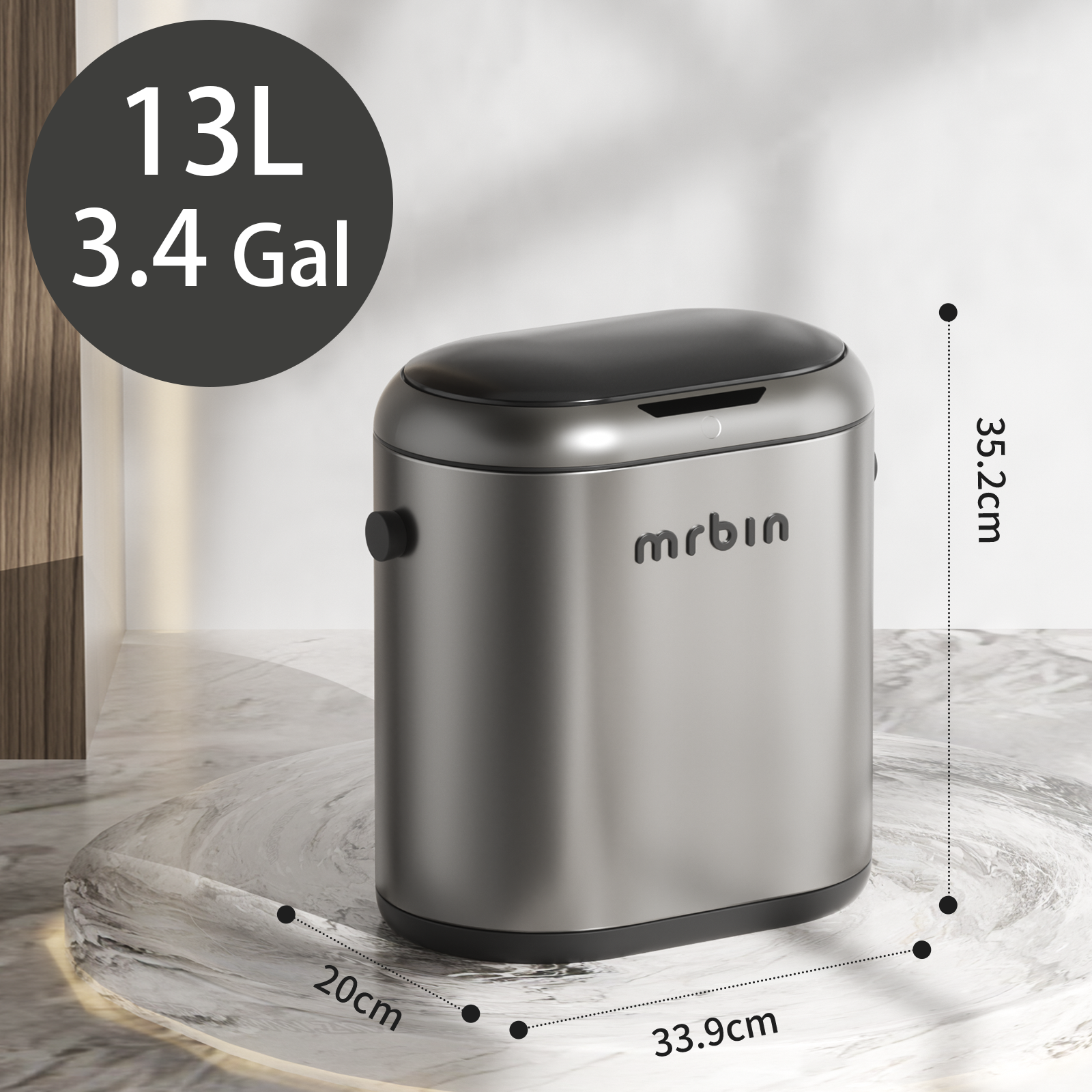 MRBIN Automatic Adsorption Metal Trash Can for Bathroom, Touchless Garbage Bin with Lid, 3.2 Gallon Slim Trash Can for Office and Bedroom, Electric Motion Sensor Waste Basket, Eclipse Grey