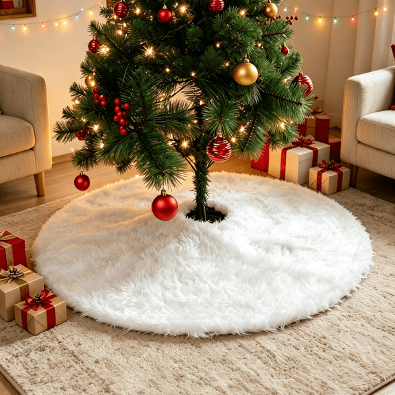 SINKOO 48 Inch White Faux Fur Christmas Tree Skirt, Luxury Plush Tree Base Cover for Holiday Party and Home Christmas Decor