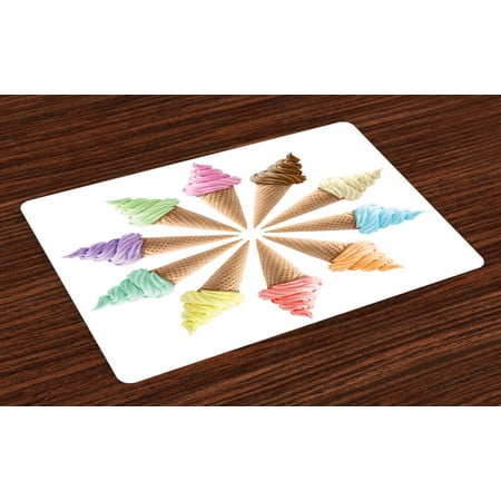 Pictures Ice Cream Cones - Ice Cream Placemats Set of 4 Cones with Various Flavors Forming a Stylish Row Summer Season Picture Print, Washable Fabric Place Mats for Dining Room Kitchen Table Decor,Multicolor, by Ambesonne