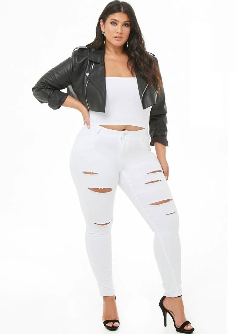 white ripped jeans women's plus size