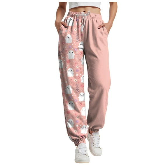 YDFCWXW Womens Halloween Pajamas Pants Ladies Pumpkins Ghost Pajama Cute Soft Long Bottoms Women Sweatpants Pink, XL