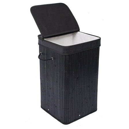 Exlonjet Square Laundry Hamper with Lid and Cloth Liner - Bamboo - Black - Easily Transport Laundry Basket - Collapsible Hamper - String Handles
