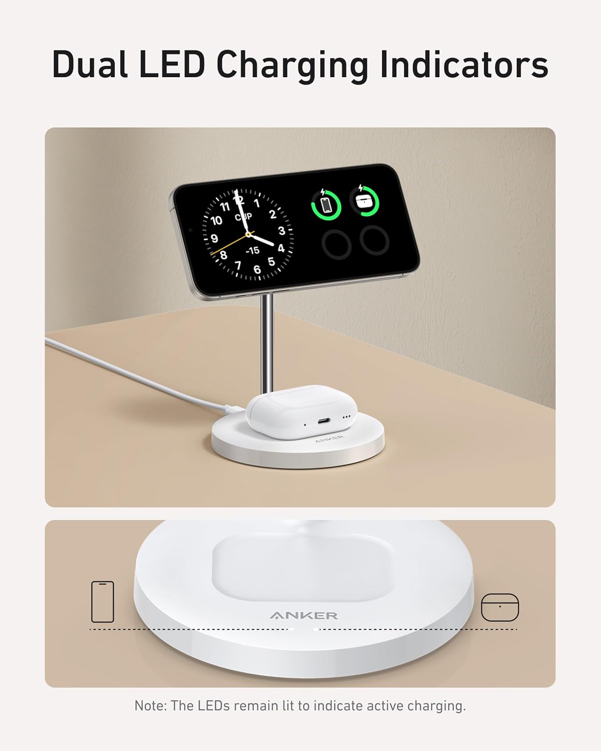 Anker MagSafe Compatible MagGo Charger Stand, 2-in-1 Wireless Charging Station, Qi2 Certified 15W Max Charging, Compatible for iPhone 17/16/15/14/13/12, AirPods Pro (White, with 40W Adapter)