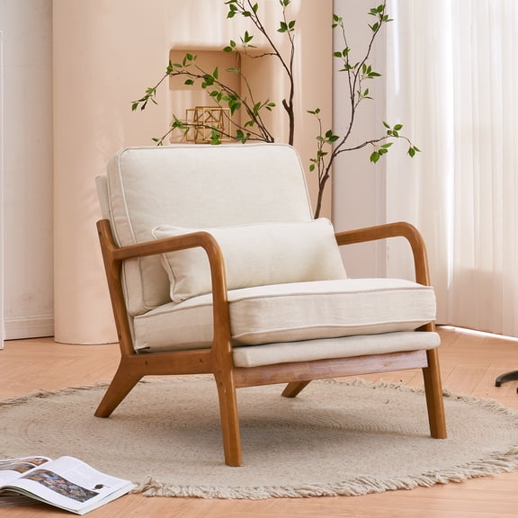 Qiushi Mid Century Modern Accent Chair with Wood Frame,Oak Armrest Oak Upholstered Single Lounge Chair Indoor Lounge Chair Solid Wood Frame & Soft Cushion for Living Room, Bedroom, Balcony, Beige