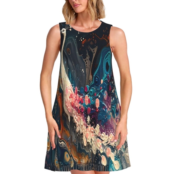 Balery Abstract Peacock Painting Vestidos de verano para mujer con estampado: vestido holgado sin mangas, vestido playero informal y cómodo para días calurosos.