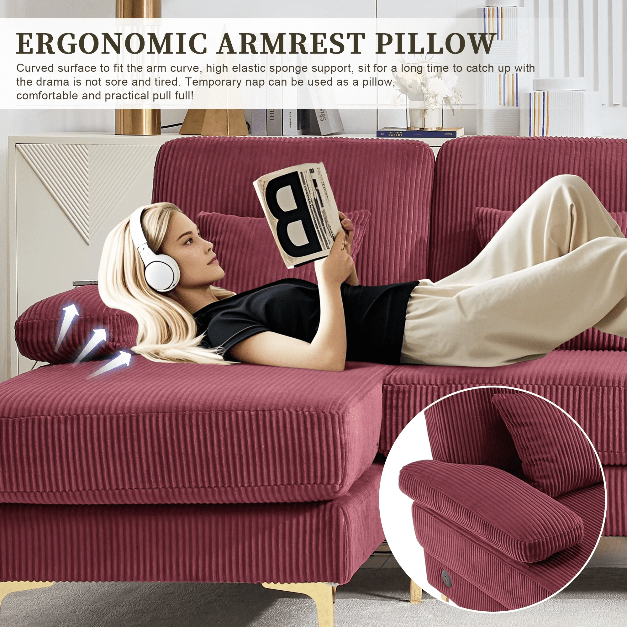 MOONMISS Modular U-Shape Sectional with Double Chaise Lounge,Velvet Fabric Sofa with USB & Intelligent Lighting for Apartment,Home Theater