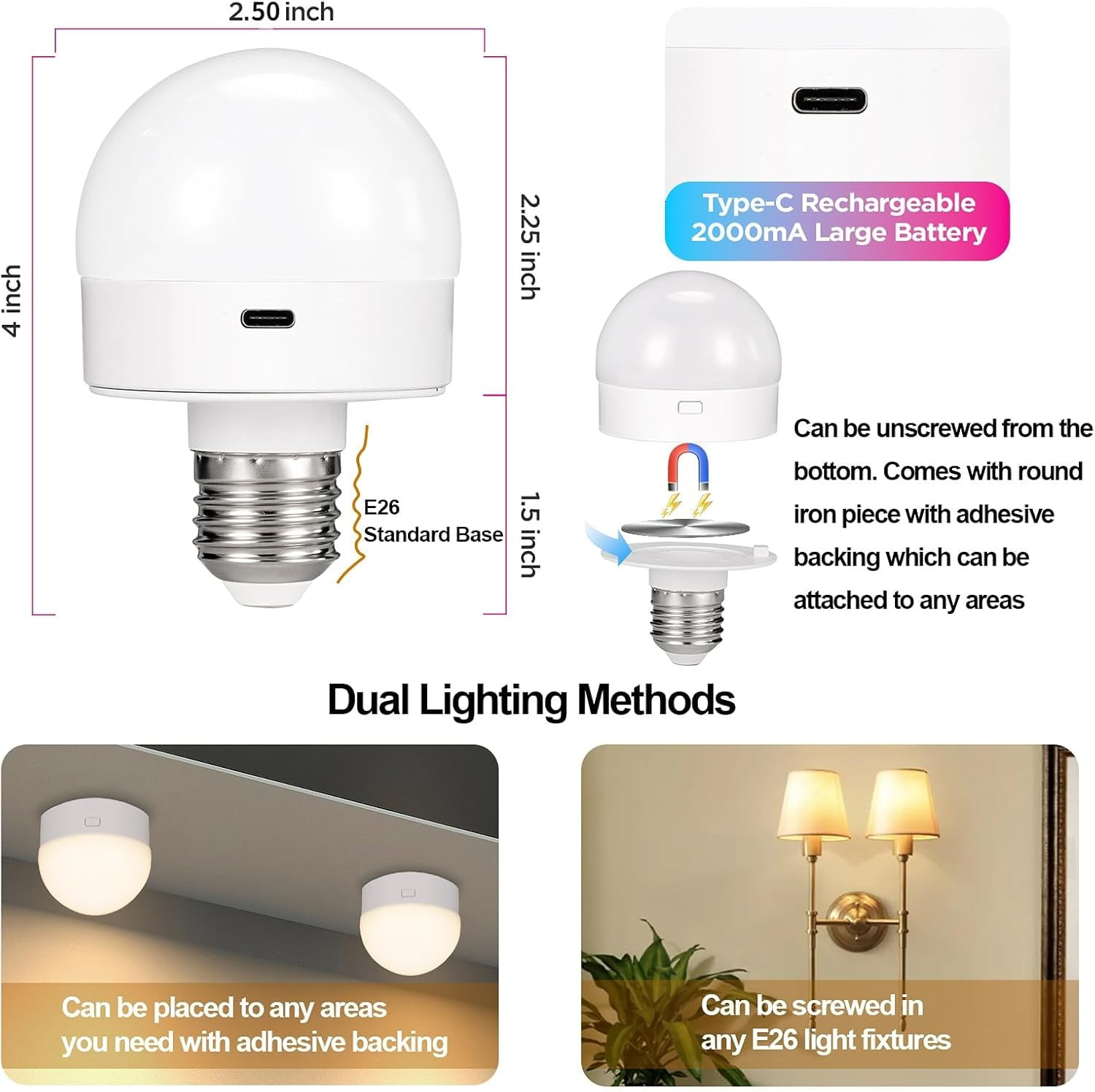 Rechargeable Battery Operated Light Bulb with Remote Control 2 Packs, 350LM Dimmable Detachable LED Bulb with 15 Colors Selectable & 3 Timer, Wireless Puck Light Bulb for Wall Sconce